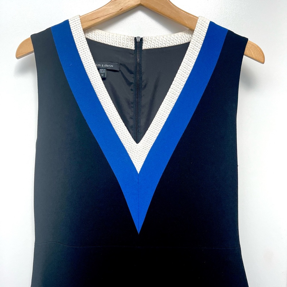 Black V-Neck Sleeveless Dress with Blue and White Trim